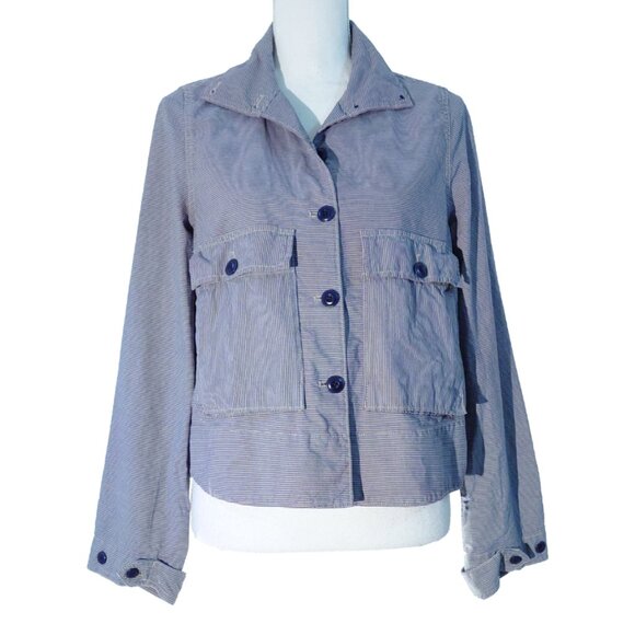 THE GREAT. Blue Railroad-Stripe Swing Jacket Utility Jacket - Picture 4 of 12